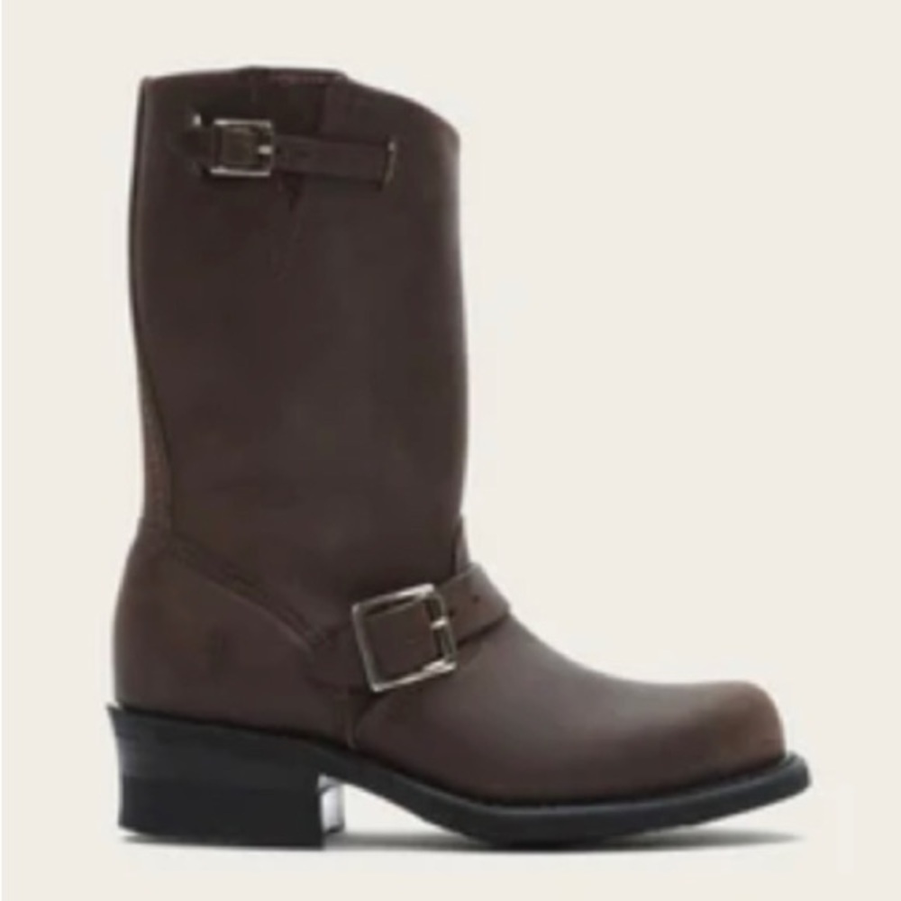FRYE Sz 7.5 Engineer Style Vintage Chocolate Brown Leather Buckles Moto Boots